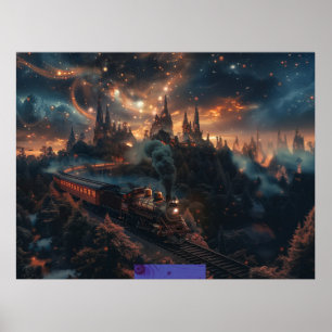 Póster Fantasía de un tren de vapor en una tierra de fant