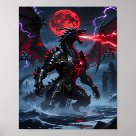 Póster Fantasia del Dragón Negro Blindado Luna de Sangre 