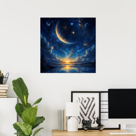 Póster Fantasía del paisaje del creciente cósmico — Azul