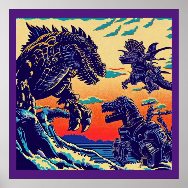 Póster Fantasía Dinosaurios Robots Anime - Woodcut 1 (Frente)