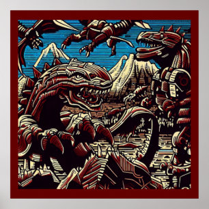 Póster Fantasía Dinosaurios Robots Anime - Woodcut 2