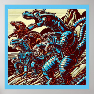 Póster Fantasía Dinosaurios Robots Anime - Woodcut 3