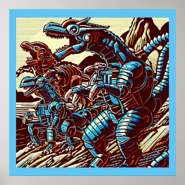 Póster Fantasía Dinosaurios Robots Anime - Woodcut 3 (Frente)