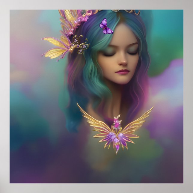 Póster Fantasía Dulce Chica de hadas Alas rosadas Verde a (Frente)