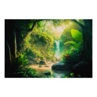 Póster Fantasía en el paraíso tropical con cascada
