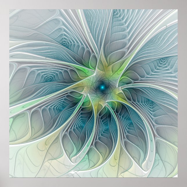 Póster Fantasía Flor Fractal Verde Azul (Frente)