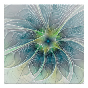Póster Fantasía Flor Fractal Verde Azul