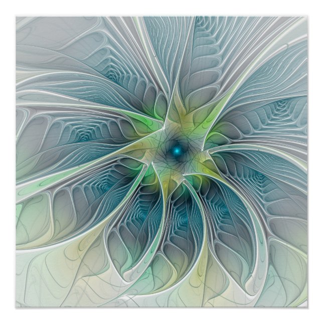 Póster Fantasía Flor Fractal Verde Azul (Anverso)