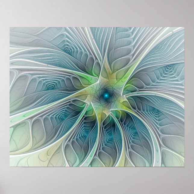 Póster Fantasía Flor Fractal Verde Azul (Frente)