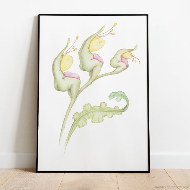 Póster Fantasía floral botánica caprichosa, acuarela (Whimsical floral fantasy beings on plant stem in watercolor artwork)