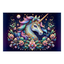Póster Fantasia Floral de Unicornio de Tonos Preciosos
