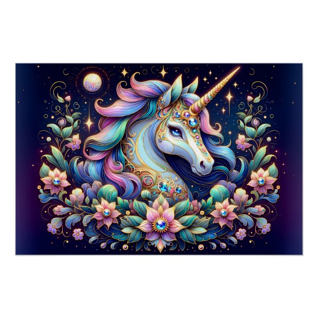 Póster Fantasia Floral de Unicornio de Tonos Preciosos (Anverso)