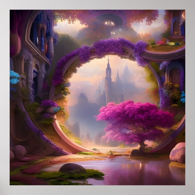 Póster Fantasía floral patio de árbol rosa (Frente)