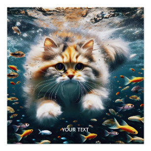 Póster Fantasía Gato Cuto Nadando Subacuático