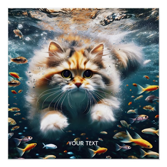 Póster Fantasía Gato Cuto Nadando Subacuático (Anverso)