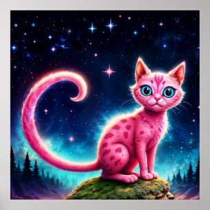 Póster Fantasía gato rosa en el bosque nocturno mágico es