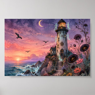 Póster Fantasía gótica de faro fantasma al atardecer Whim