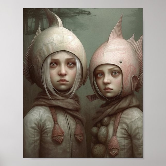 Póster Fantasía Hada Niños Con Gorras De Pescado (Frente)