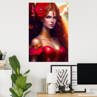 Póster Fantasia Hada Roja Flores Rojas