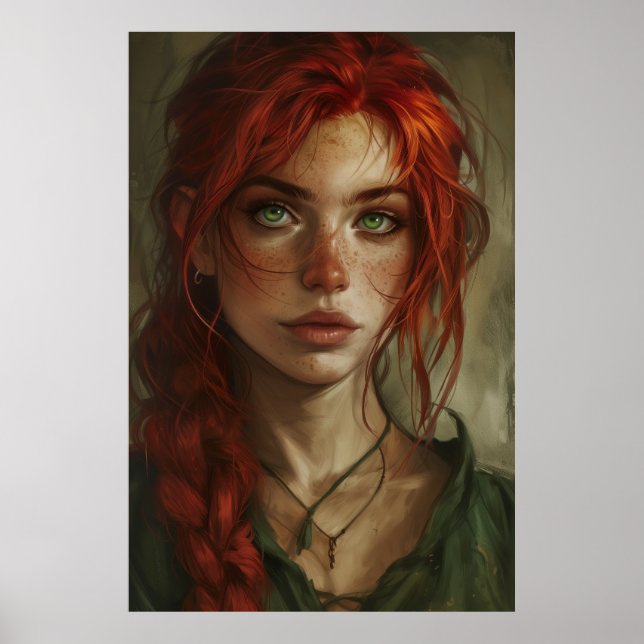 Póster Fantasía Hembra Humana común con pelo rojo y Gr (Frente)