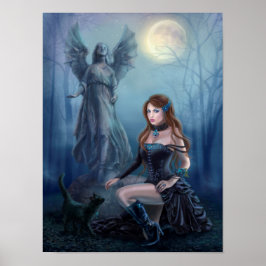 Póster Fantasía hermosa mujer con gato negro
