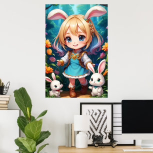 Póster Fantasia Hermosa Niña Conejo Linda