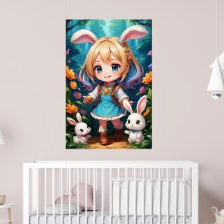 Póster Fantasía Hermoso Conejo Chica Cute