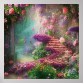 Póster Fantasía Jardín Mágico Con Flores Y Escaleras