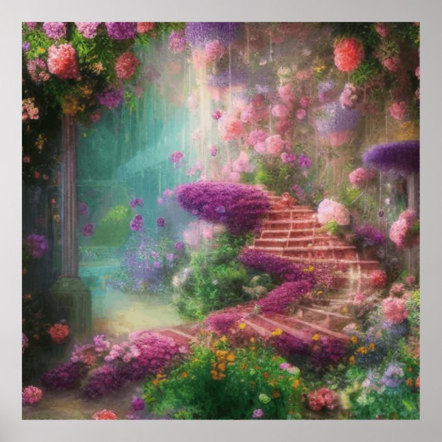 Póster Fantasía Jardín Mágico Con Flores Y Escaleras (Frente)