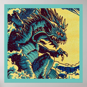 Póster Fantasía Kaiju Anime - Woodcut 1