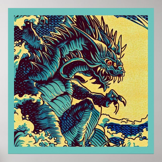 Póster Fantasía Kaiju Anime - Woodcut 1 (Frente)