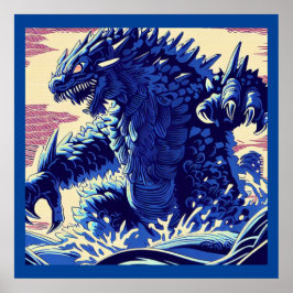 Póster Fantasía Kaiju Anime - Woodcut 2