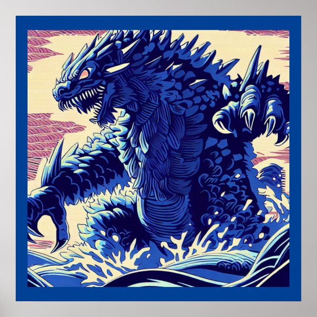 Póster Fantasía Kaiju Anime - Woodcut 2 (Frente)