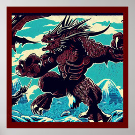 Póster Fantasía Kaiju Anime - Woodcut 3