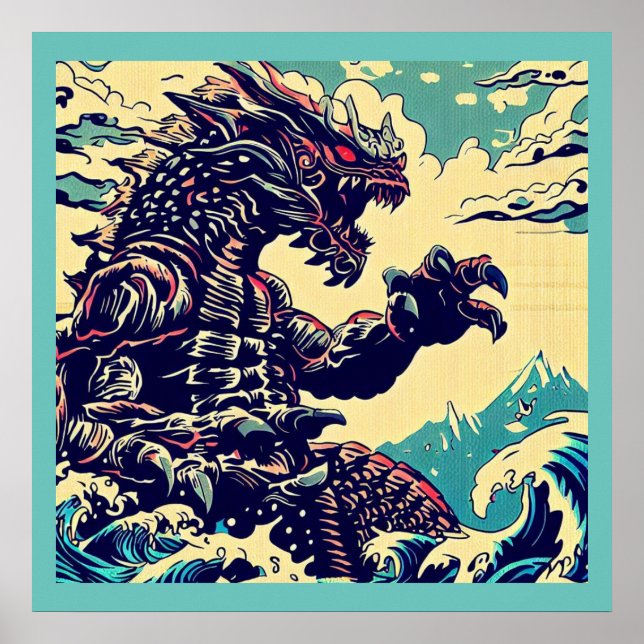 Póster Fantasía Kaiju Anime - Woodcut 4 (Frente)