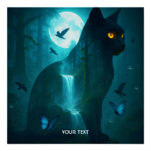 Póster Fantasía lindo gato surrealista negro