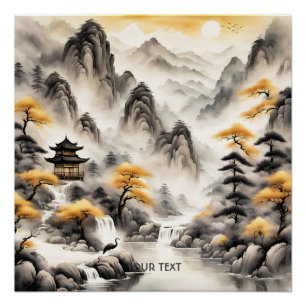 Póster Fantasía lindo paisaje tradicional japonés