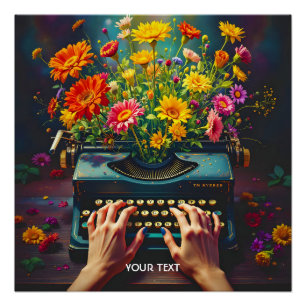 Póster Fantasía, máquina de escribir, flor de manos