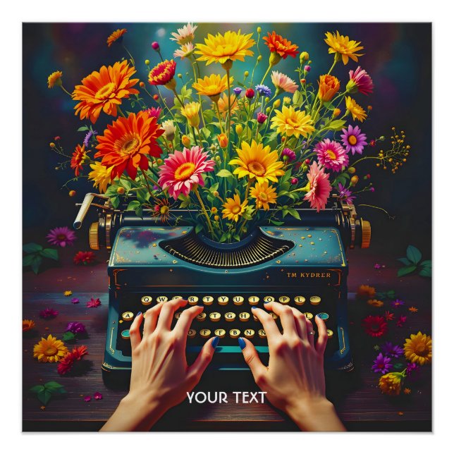 Póster Fantasía, máquina de escribir, flor de manos (Anverso)