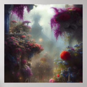Póster Fantasía Misty Rainy Magnífico paisaje del jardín