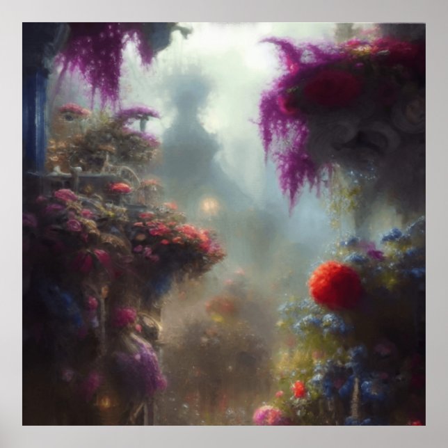 Póster Fantasía Misty Rainy Magnífico paisaje del jardín (Frente)
