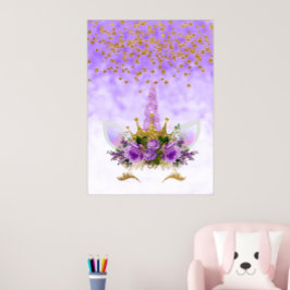 Póster Fantasía morada y estrellas doradas Unicornio