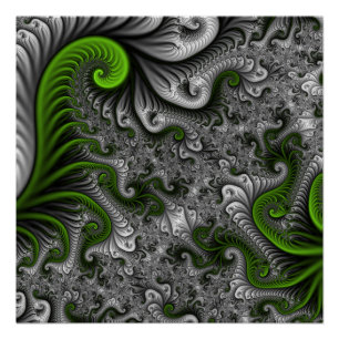 Póster Fantasía Mundo Arte Fractal Verde Y Gris Resumen