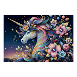 Póster Fantasía Nocturna de Unicornio Floral