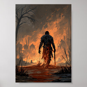 Póster Fantasía oscura demonio ardiente que se eleva de l