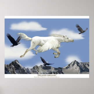 Póster Fantasía Pegasus Montañas de Caballos Voladores y