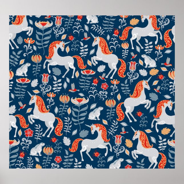Póster Fantasía popular: Unicornios, conejos, aves (Frente)