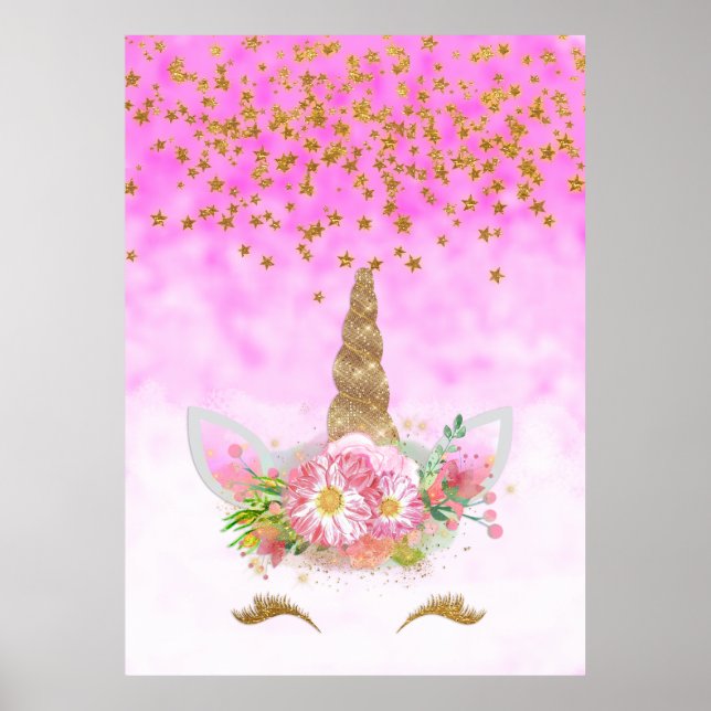 Póster Fantasía rosa y estadios dorados Unicornio (Frente)