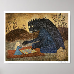 Póster ¡Fantasía SERIA! NIÑA Y MONSTRUO JUEGAN JUEGOS DE