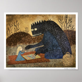 Póster ¡Fantasía SERIA! NIÑA Y MONSTRUO JUEGAN JUEGOS DE